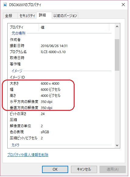 プロパティから画素数と解像度が確認できる